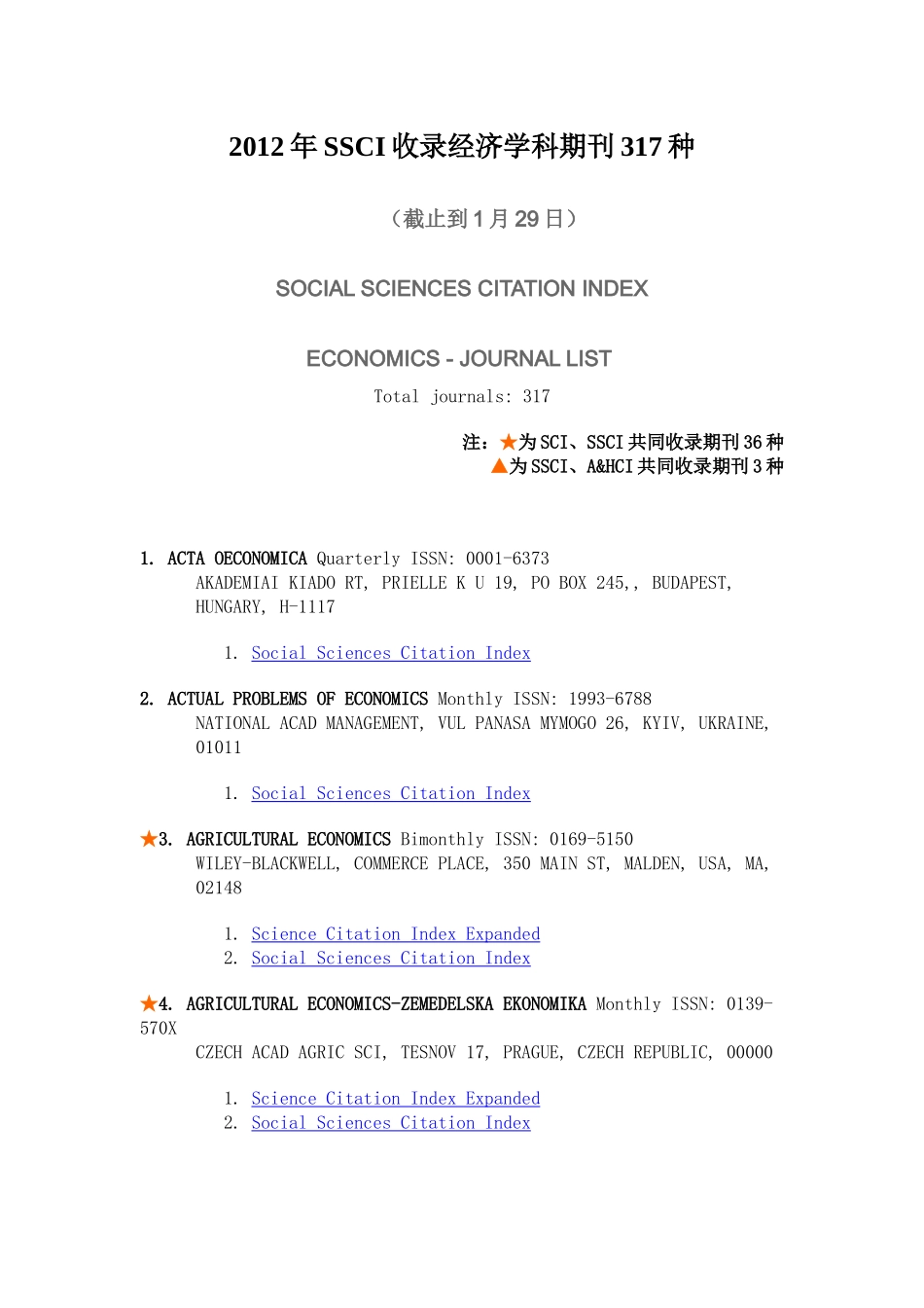 XXXX年SSCI收录经济学科期刊317种_第1页