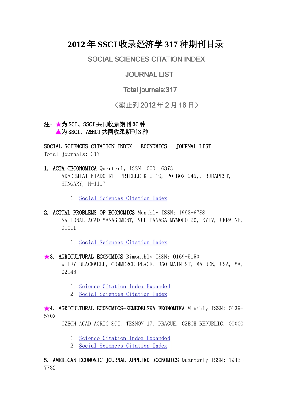 SSCI收录经济学317种期刊目录_第1页