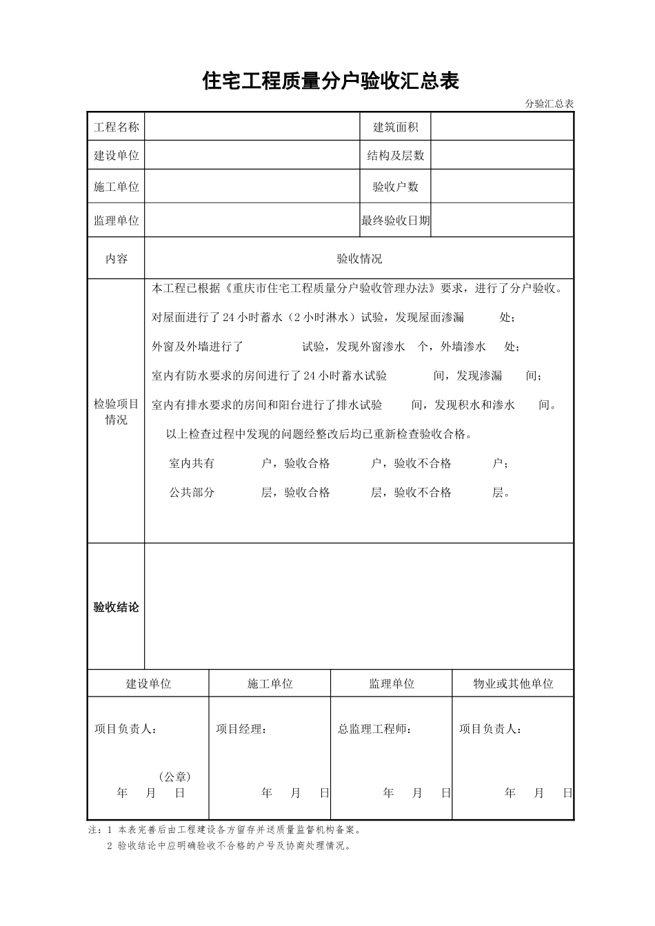 XXXX年重庆市住宅工程质量分户验收表格(最新)_第2页