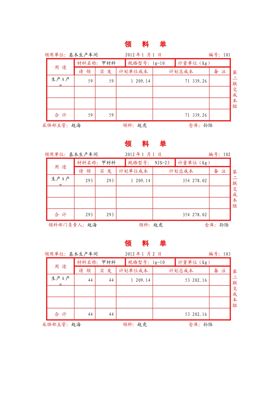 成本会计领料单_第1页