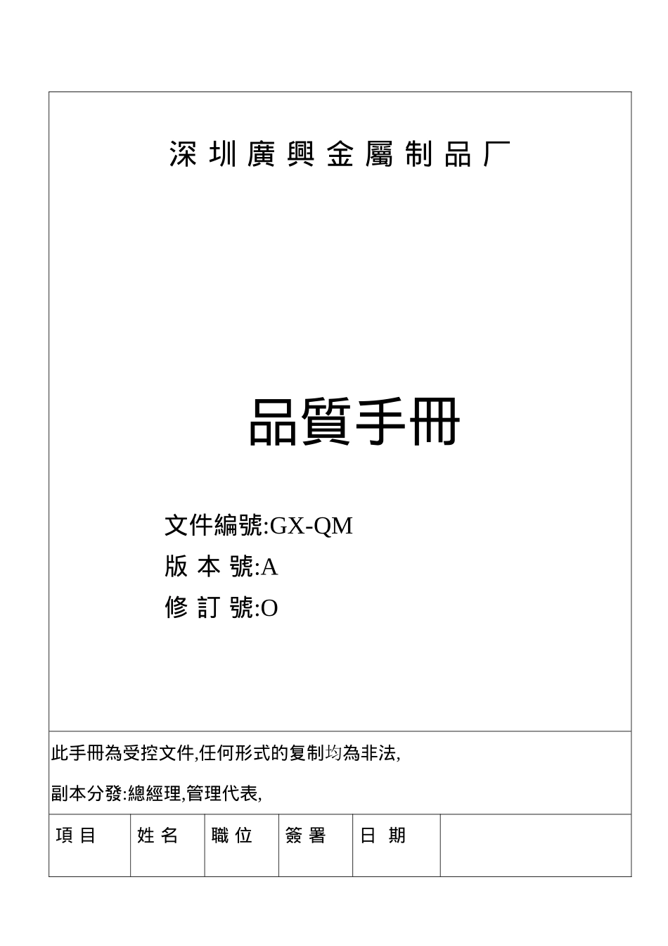 ISO深圳圳广兴金属制品厂品质手册_第1页