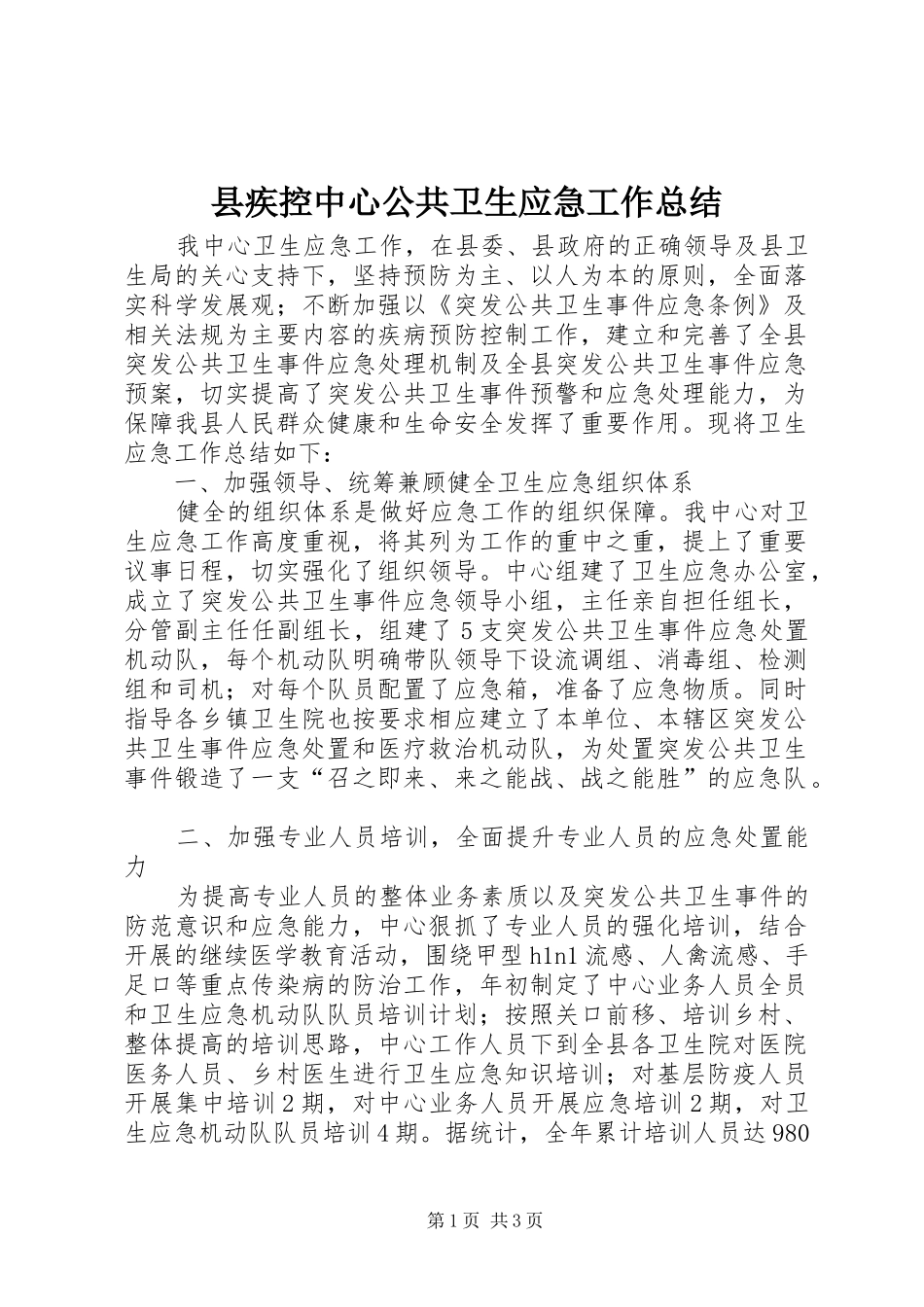 县疾控中心公共卫生应急工作总结_第1页