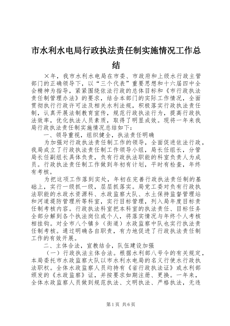 市水利水电局行政执法责任制实施情况工作总结_第1页