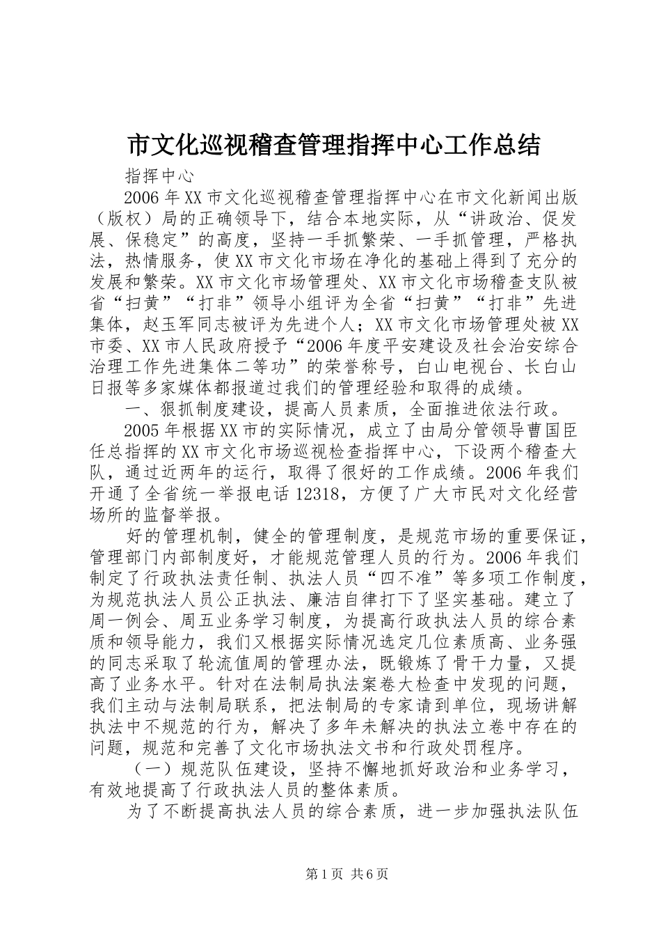 市文化巡视稽查管理指挥中心工作总结_第1页