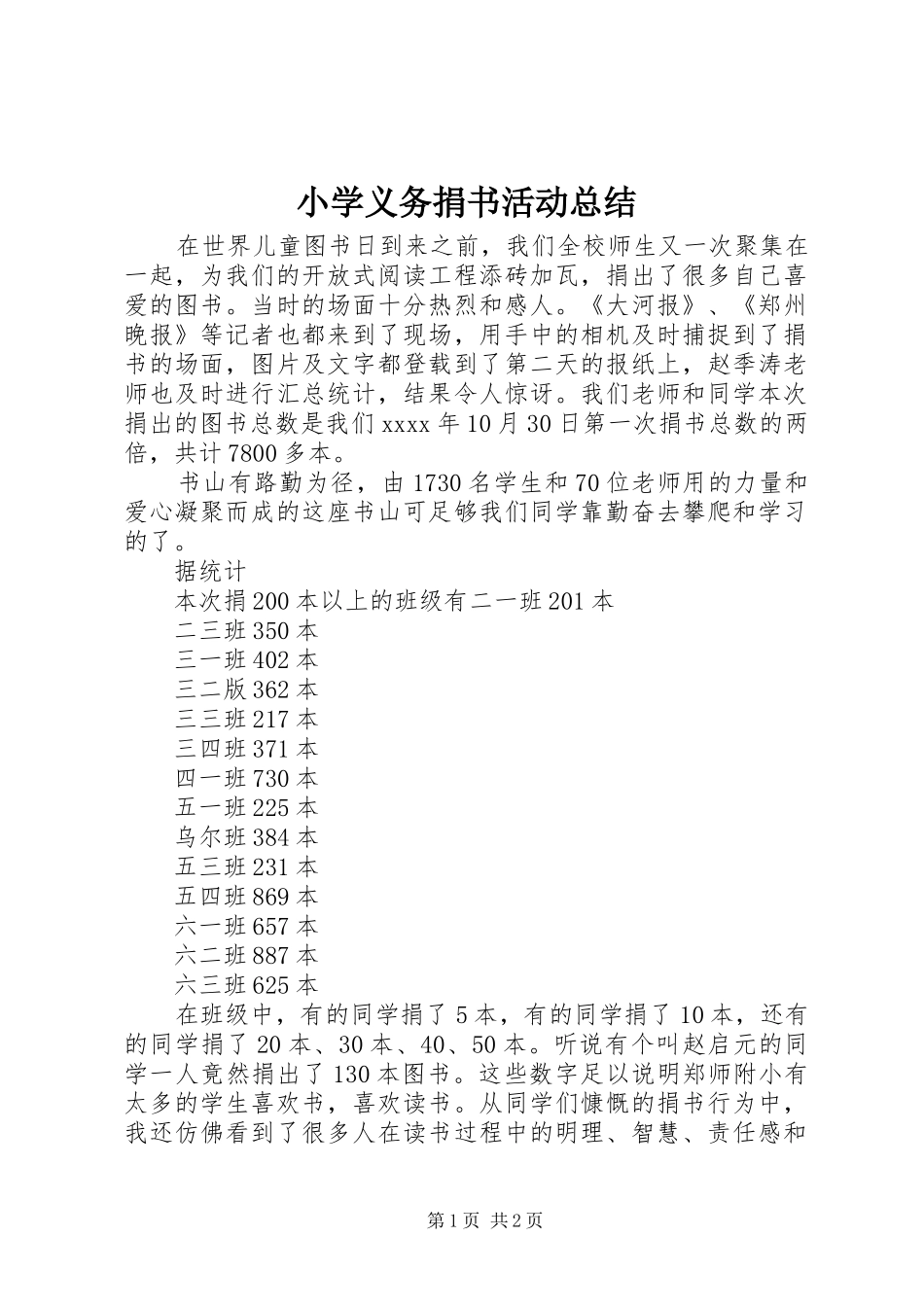 小学义务捐书活动总结_第1页