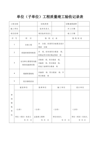 工程质量竣工验收记录表