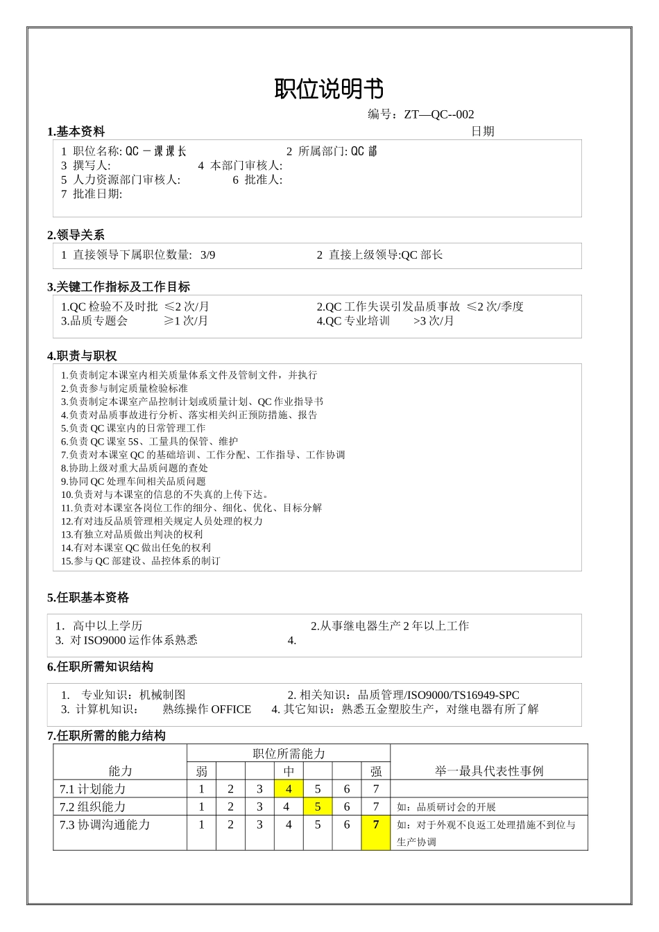 QC课课长职位说明书_第1页