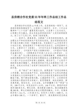 县供销合作社党委XX年年终工作总结工作总结范文