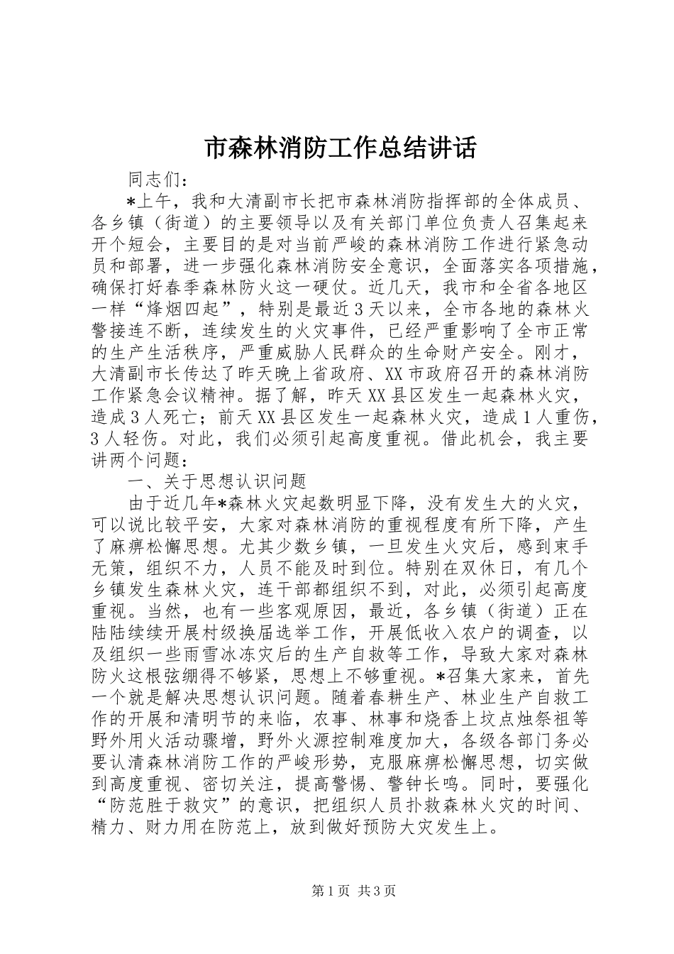 市森林消防工作总结讲话_第1页