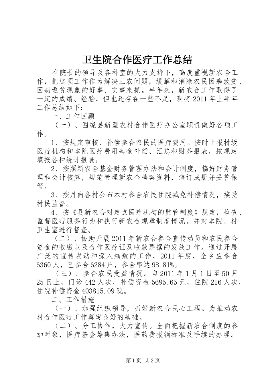 卫生院合作医疗工作总结_第1页