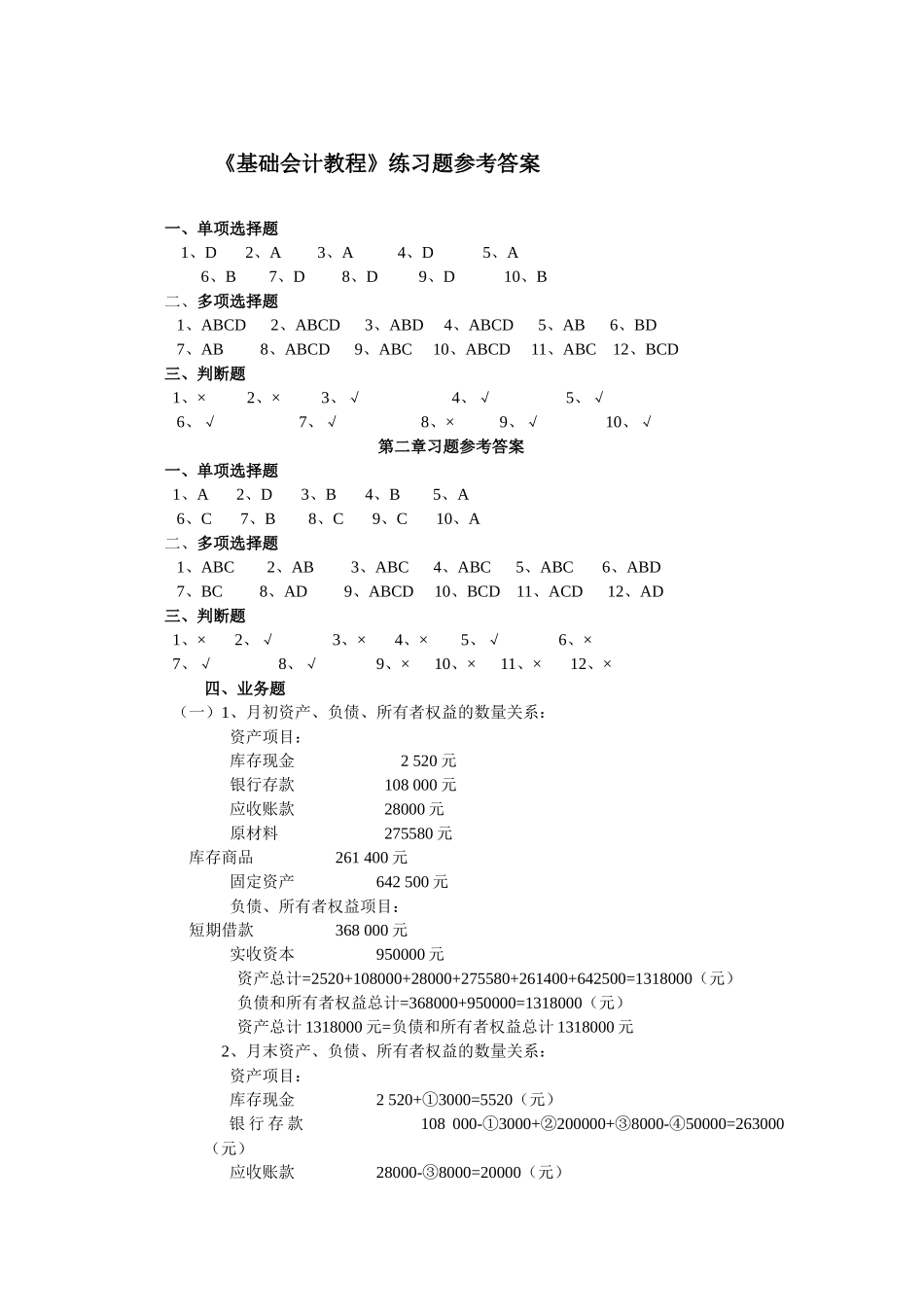 《基础会计教程》习题参考答案(第二版)_第1页