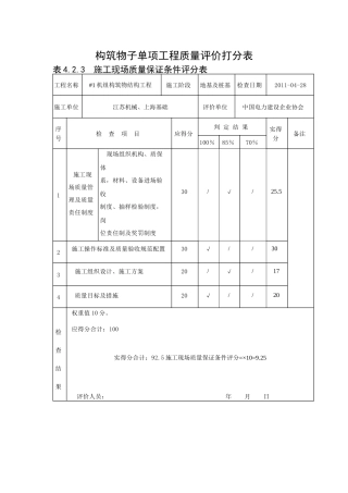 构筑物子单项工程质量评价打分表