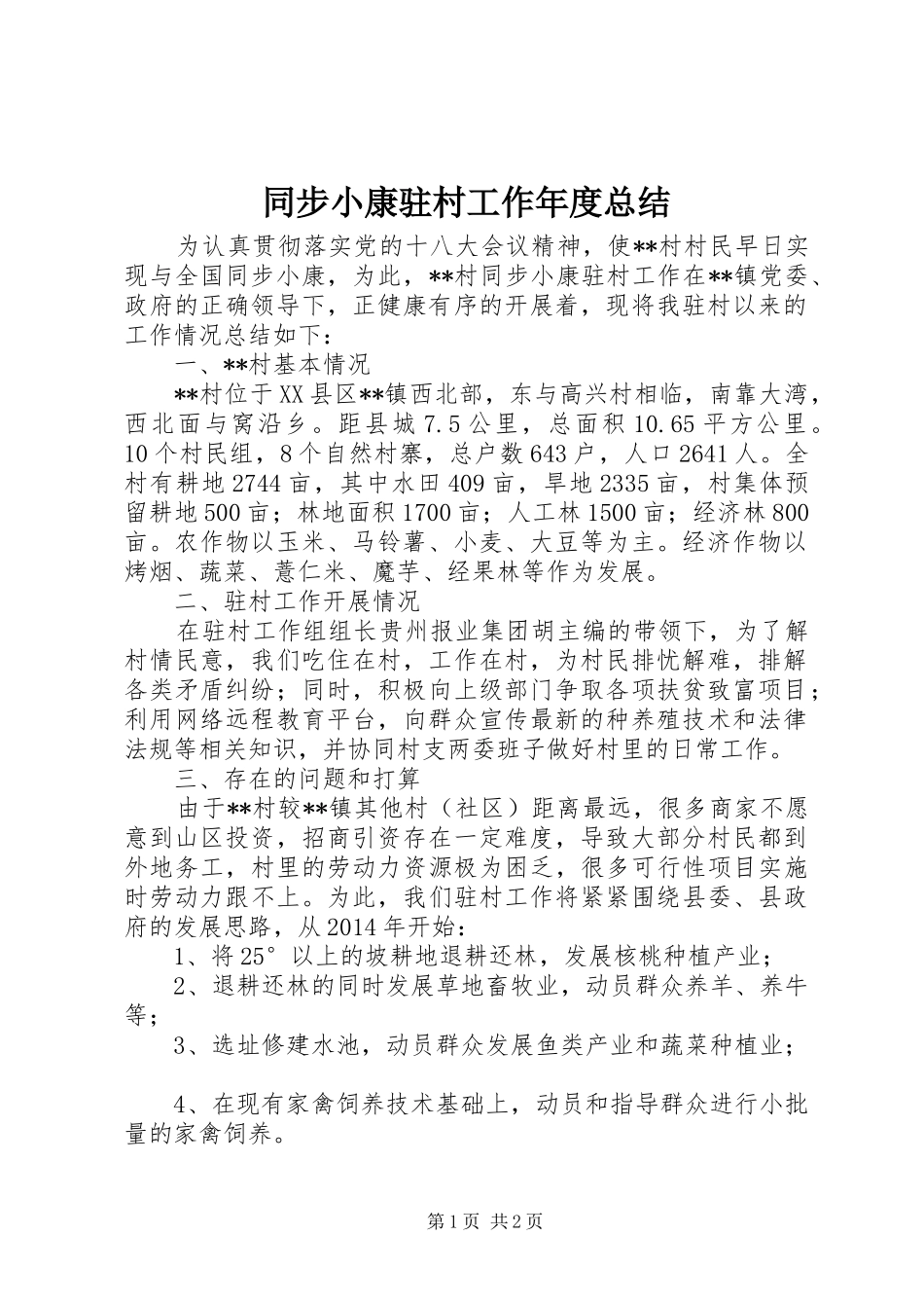 同步小康驻村工作年度总结_第1页
