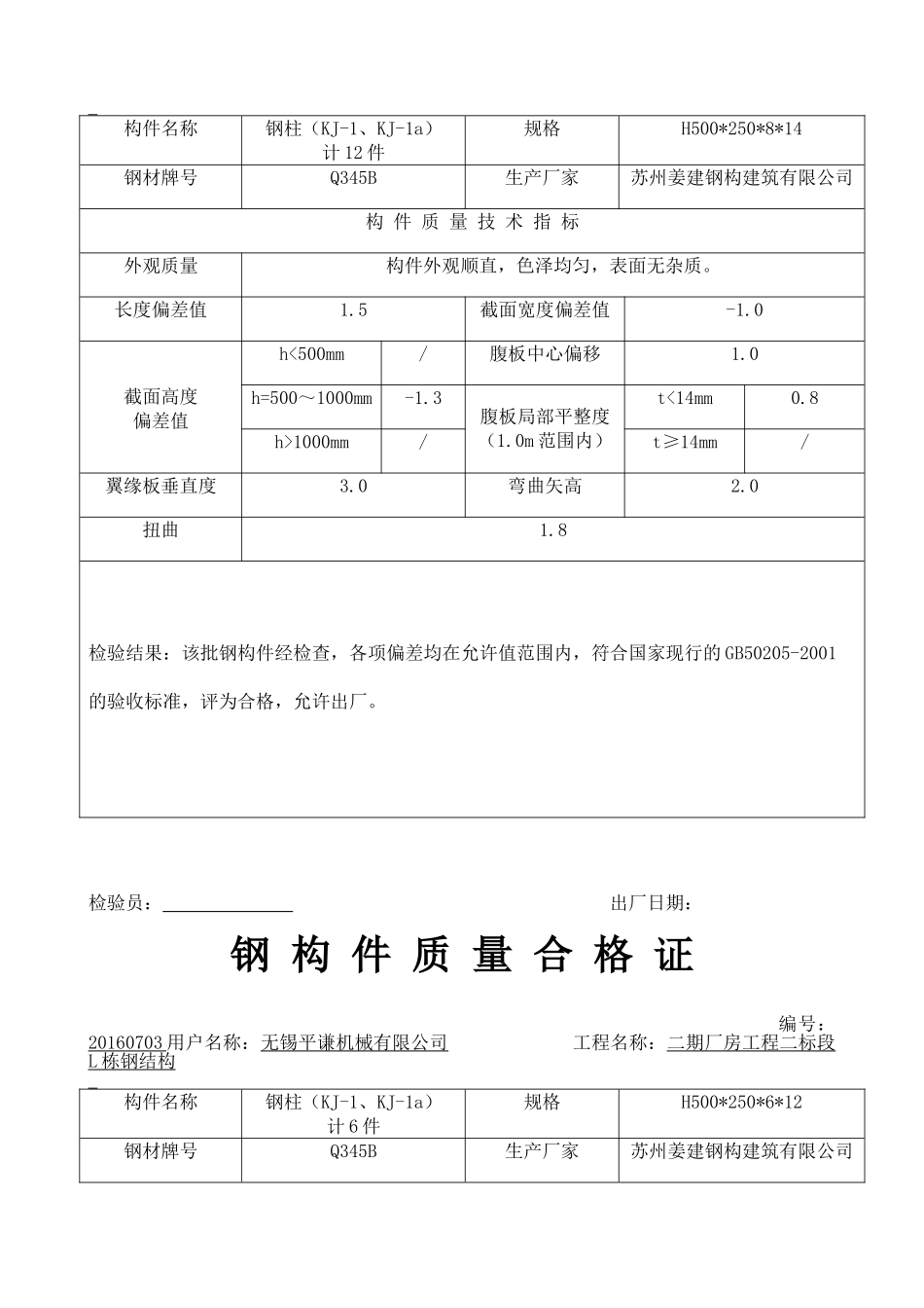 钢构件质量合格证主钢柱、钢梁(DOC32页)_第2页