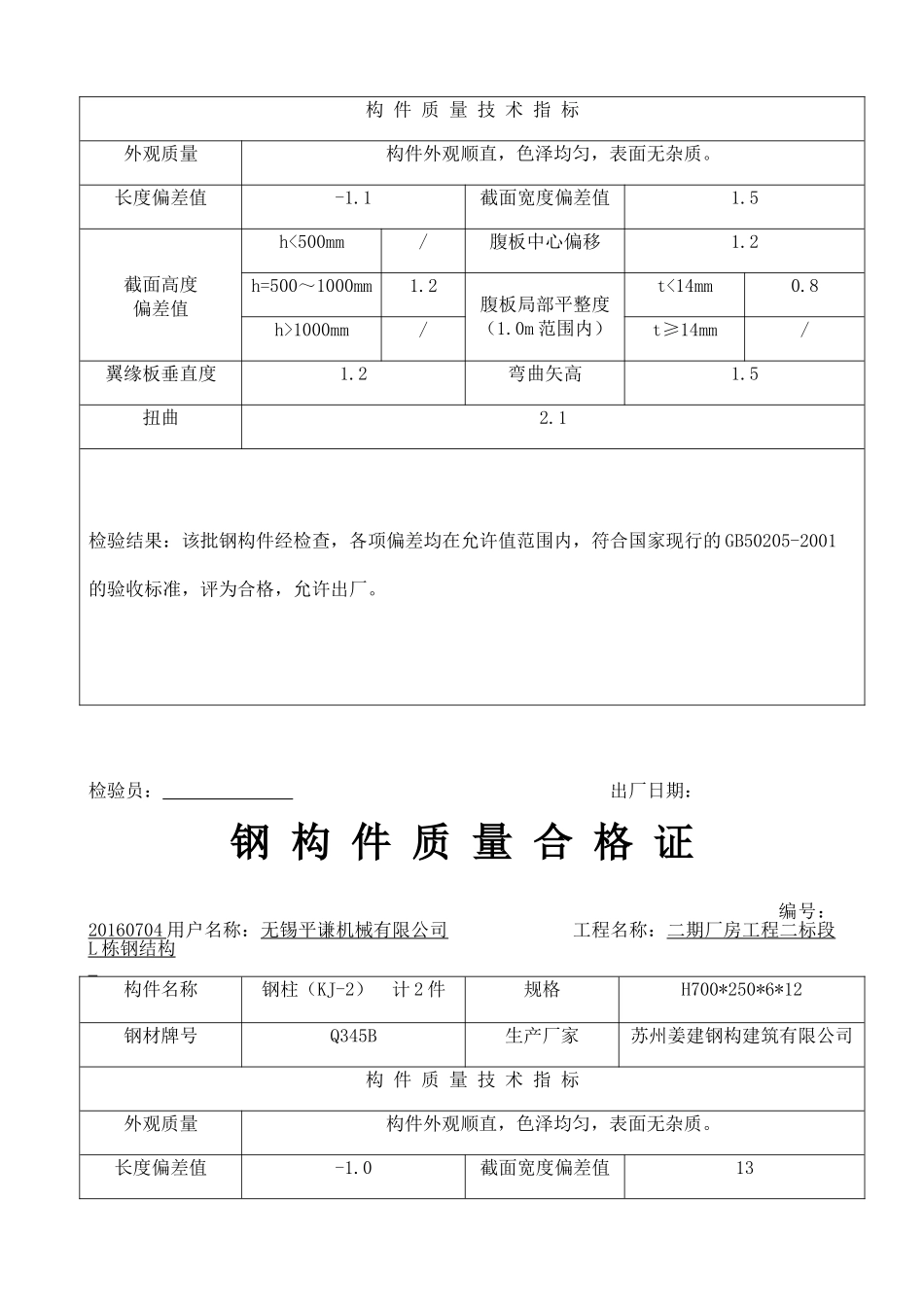 钢构件质量合格证主钢柱、钢梁(DOC32页)_第3页