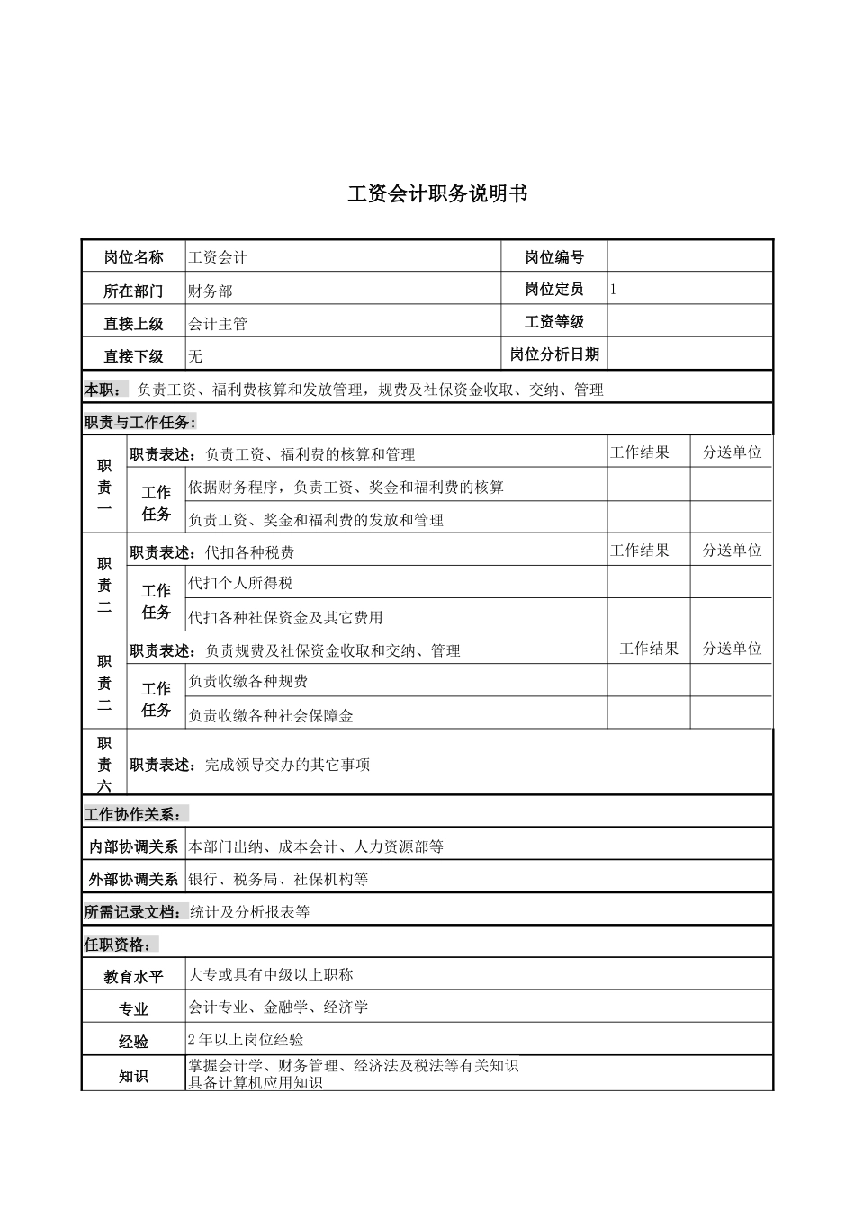 工资会计岗位说明书_第1页