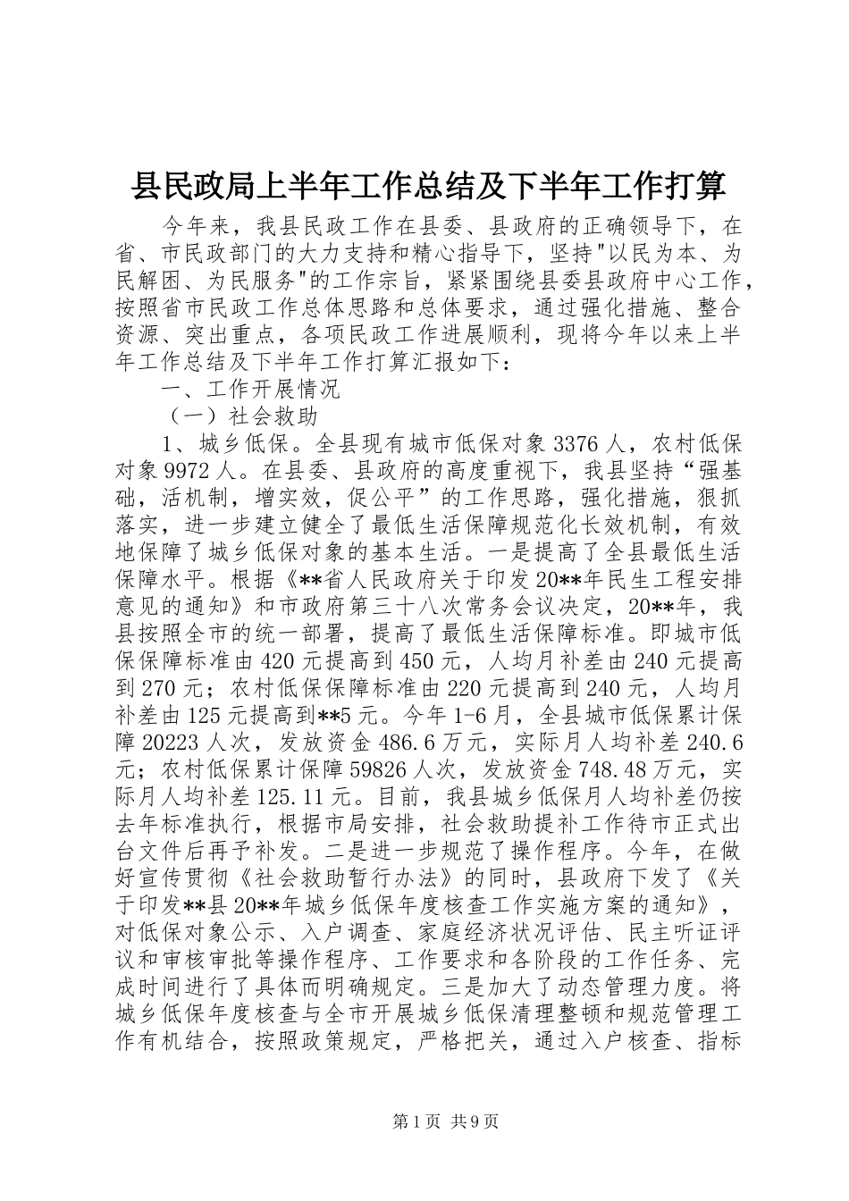 县民政局上半年工作总结及下半年工作打算_第1页