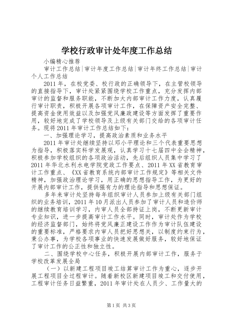 学校行政审计处年度工作总结_第1页