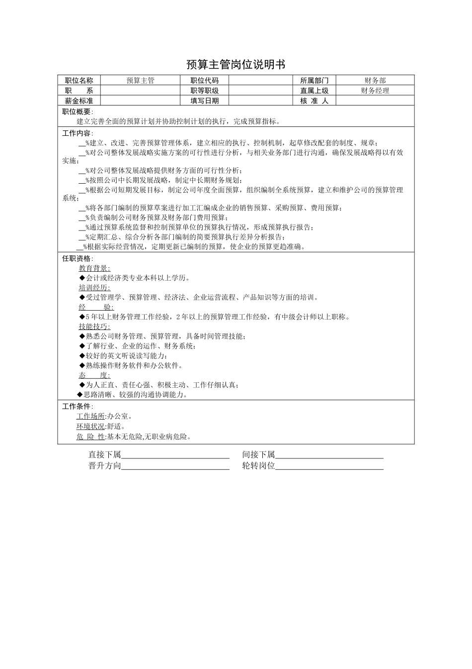 财务部-预算主管岗位说明书_第2页