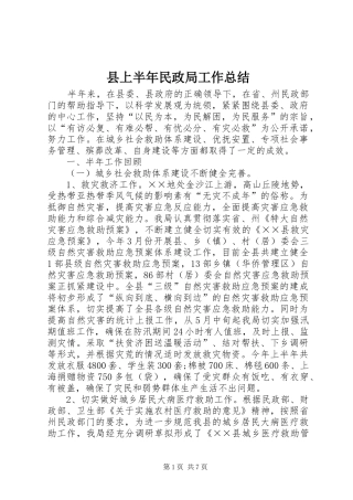 县上半年民政局工作总结