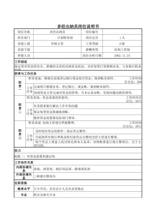 多经出纳员岗位说明书