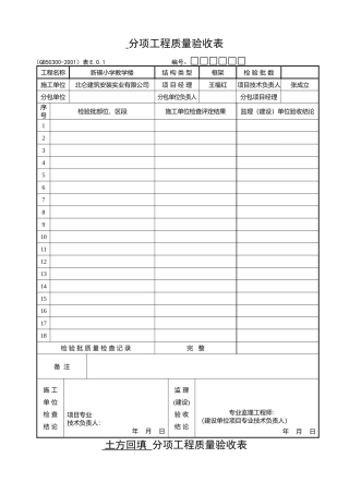 分项工程质量验收表