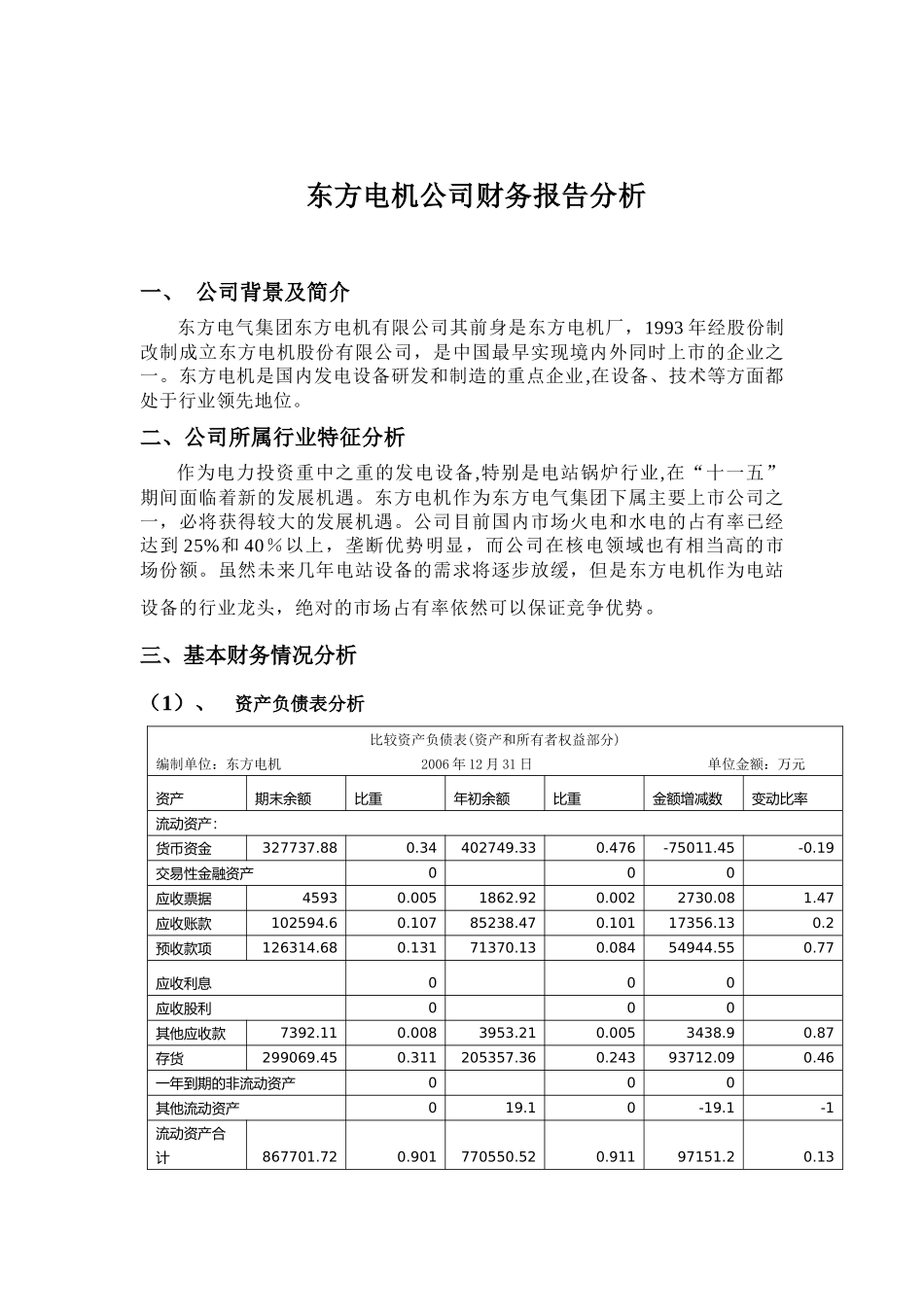 东方电机公司财务报告分析_第1页