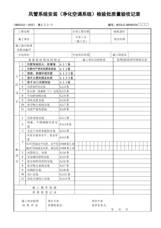 风管系统安装（净化空调系统）检验批质量验收记录