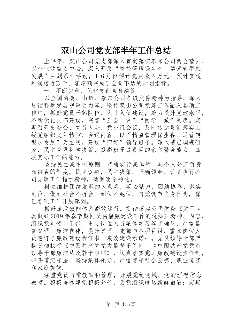 双山公司党支部半年工作总结_第1页