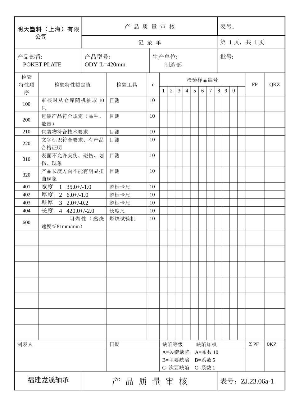 产品质量审核记录单(POKET PLATE)_第1页