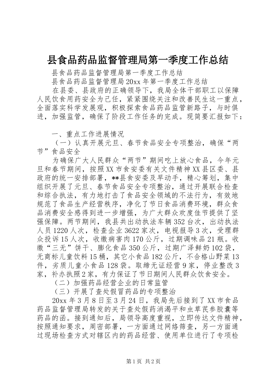 县食品药品监督管理局第一季度工作总结_第1页