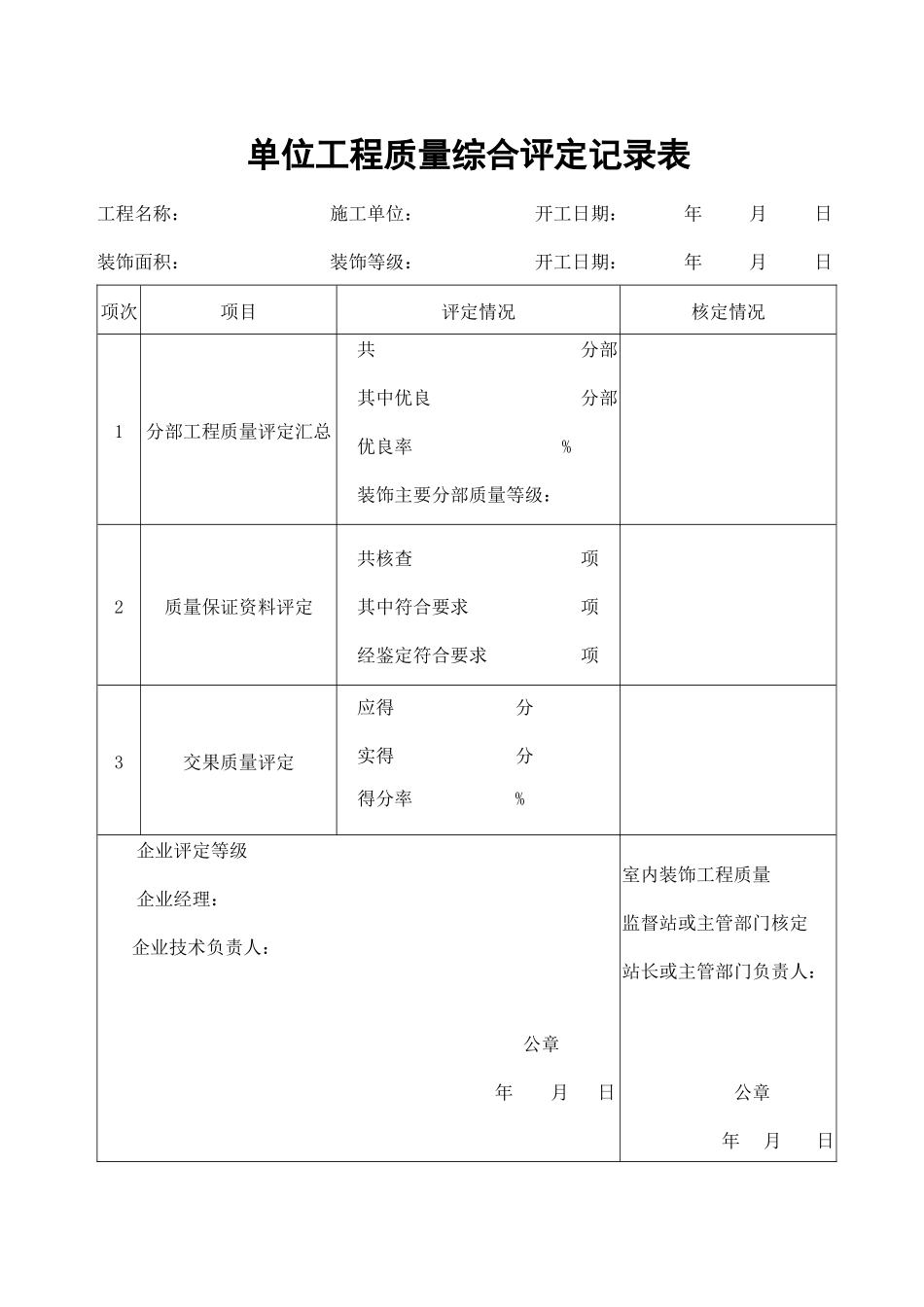单位工程、分部工程分项质量评定记录表_第2页