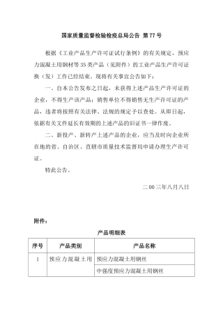国家质量监督检验检疫总局公告第77号