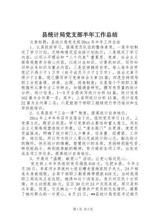 县统计局党支部半年工作总结