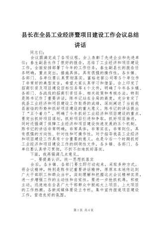 县长在全县工业经济暨项目建设工作会议总结讲话