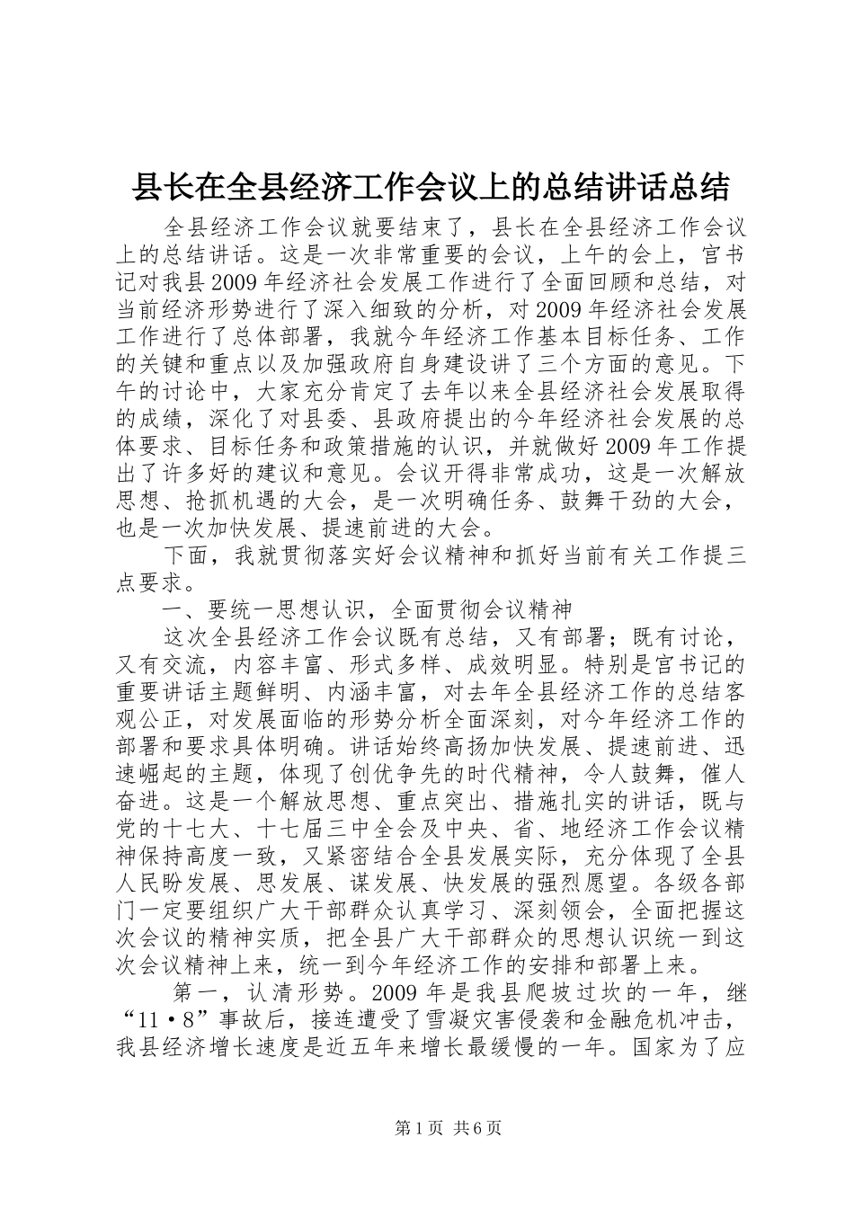 县长在全县经济工作会议上的总结讲话总结_第1页