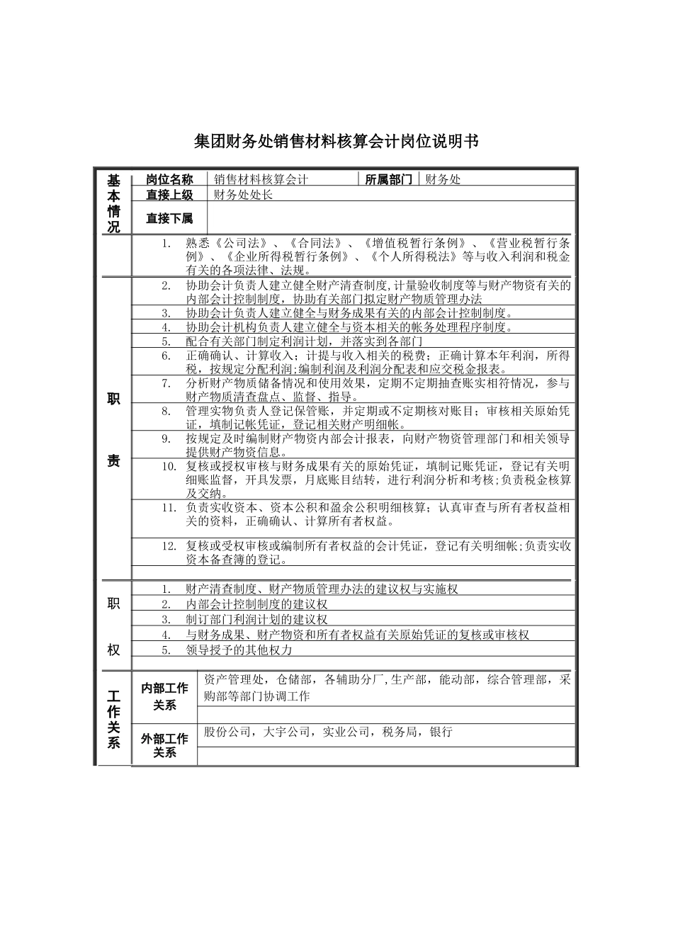 恒丰纸业集团财务处销售材料核算会计岗位说明书_第1页