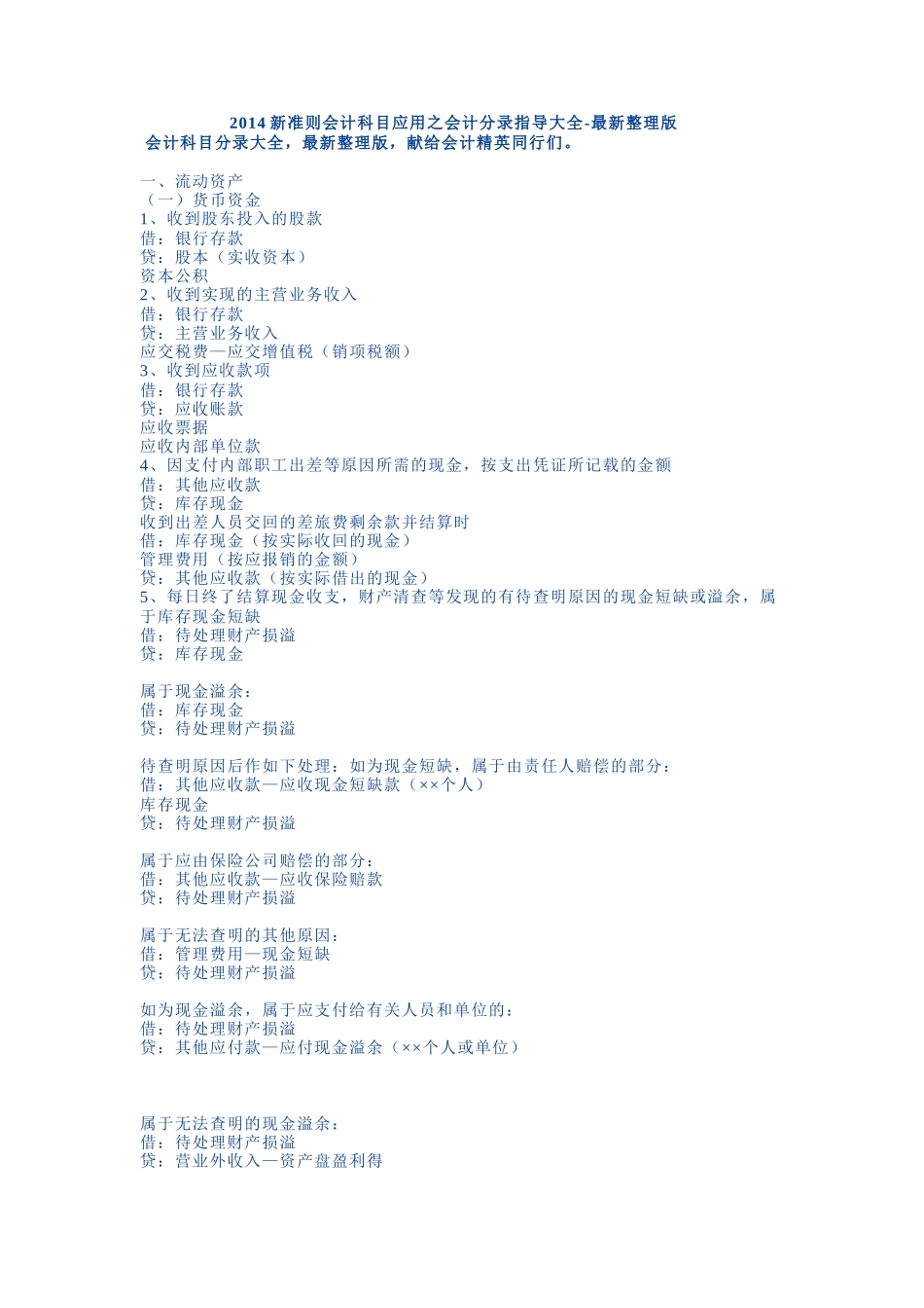 XXXX新准则会计科目应用之会计分录指导大全-最新整理版_第1页