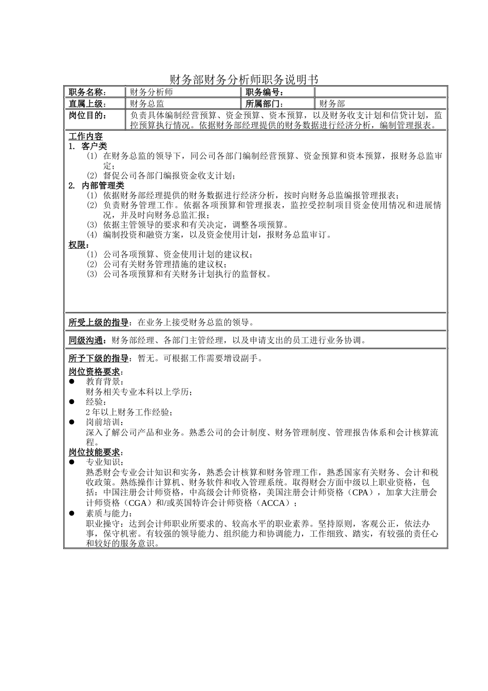 财务部财务分析师职务说明书_第1页