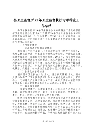 县卫生监督所XX年卫生监督执法专项稽查工作总结