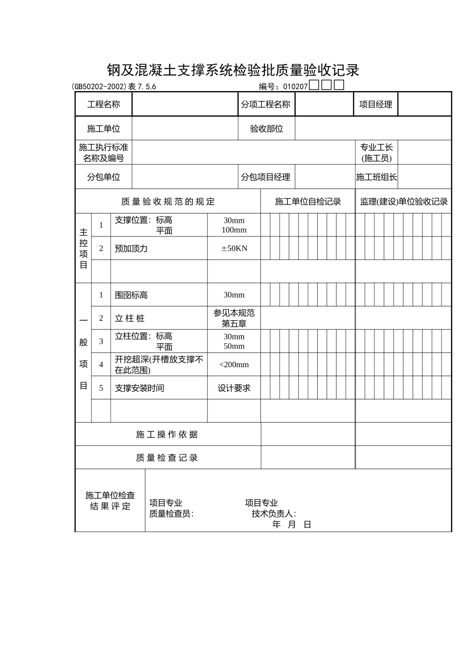钢及混凝土支撑系统检验批质量验收记录_第1页