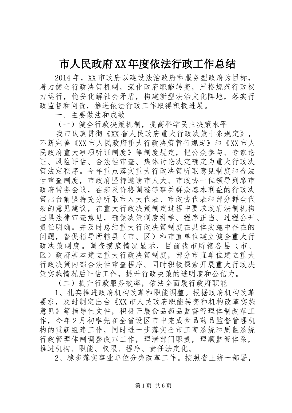 市人民政府XX年度依法行政工作总结_第1页