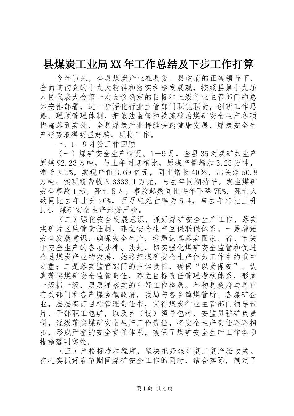 县煤炭工业局XX年工作总结及下步工作打算_第1页