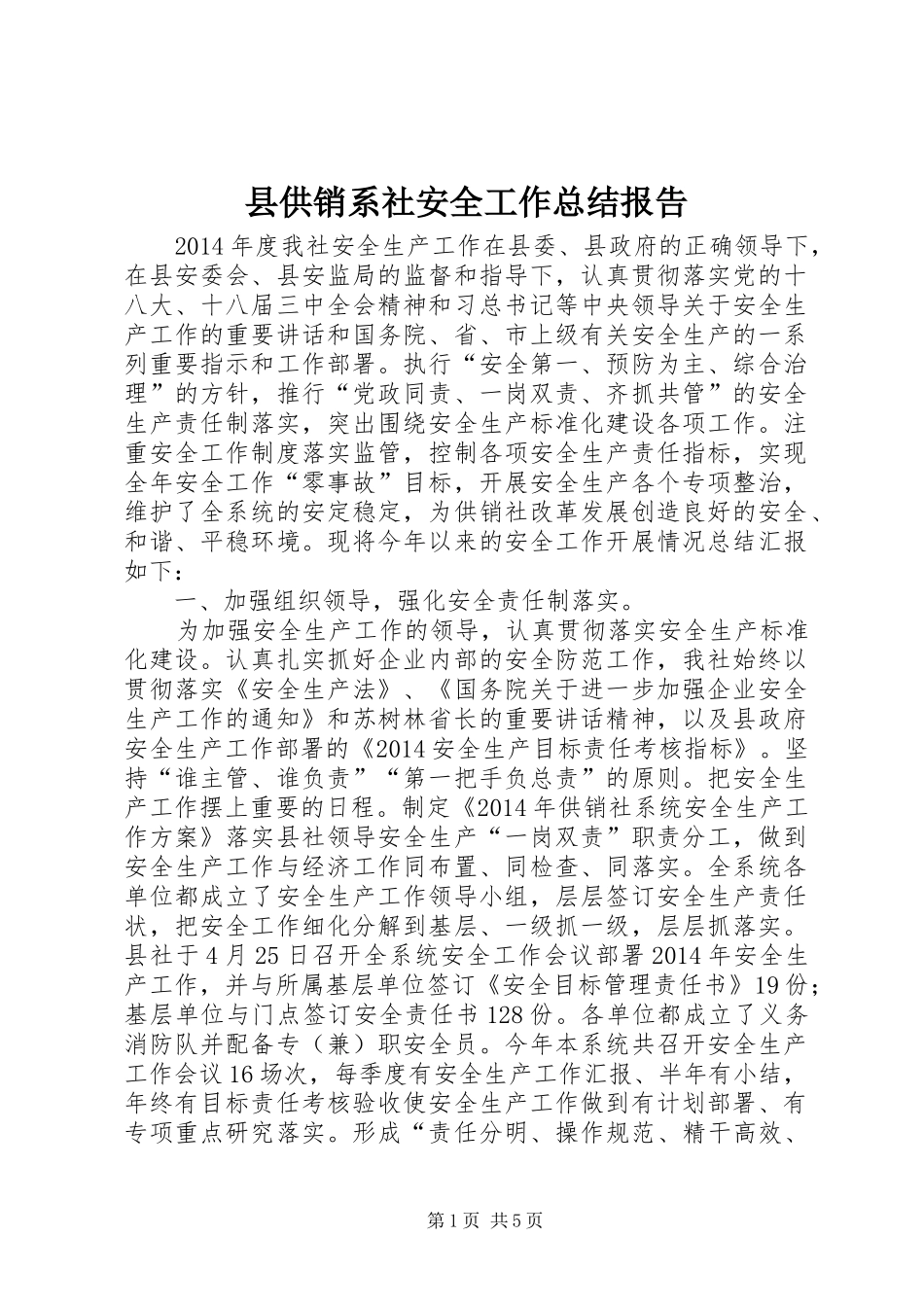 县供销系社安全工作总结报告_第1页