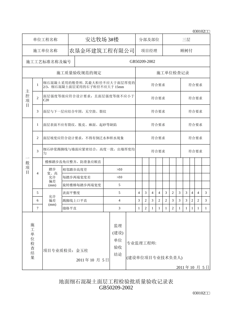 地面水泥混凝土面层工程检验批质量验收记录表_第3页