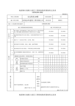 地面水泥混凝土面层工程检验批质量验收记录表