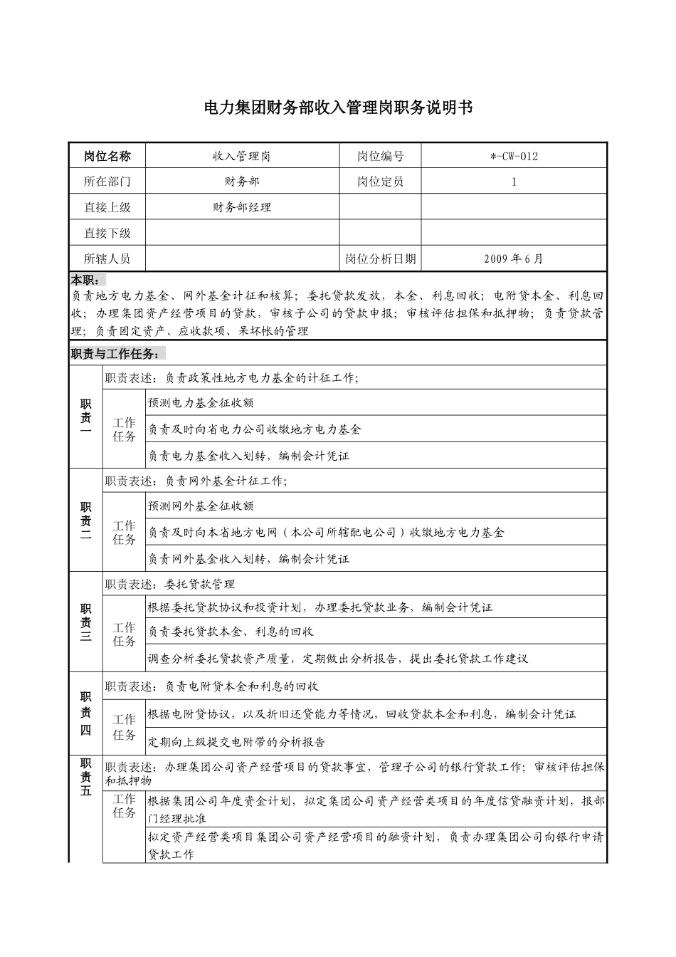 电力集团财务部收入管理岗职务说明书_第1页