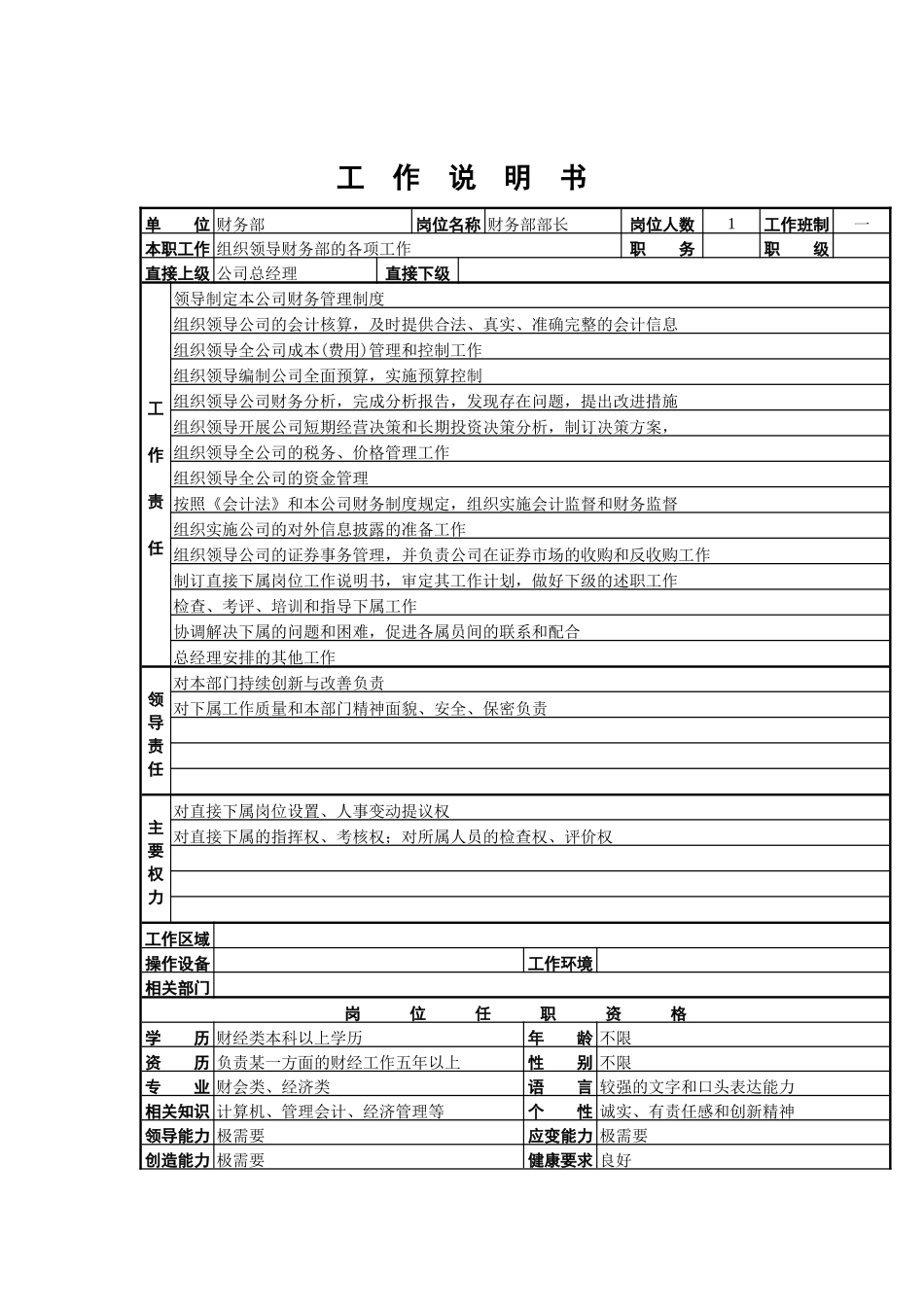 财务部部长工作说明书_第1页