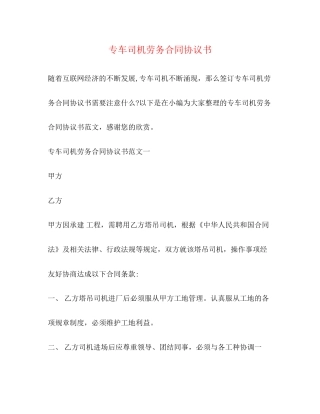 专车司机劳务合同协议书2)