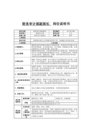 财务审计部副部长岗位说明书